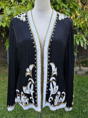 Scala Vintage Black Silk Cardigan With Beads And Sequins